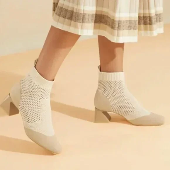 Vivaia Melissa Square-Toe Perforated Heeled Sock Boots in Oatmilk - Picture 3 of 6